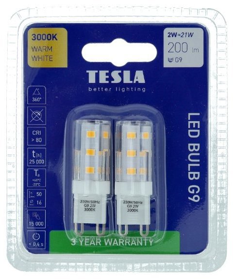 Tesla LED žiarovka G9, 2 W, 230 V, 200 lm, 3000 K teplá biela, 2 ks v balení