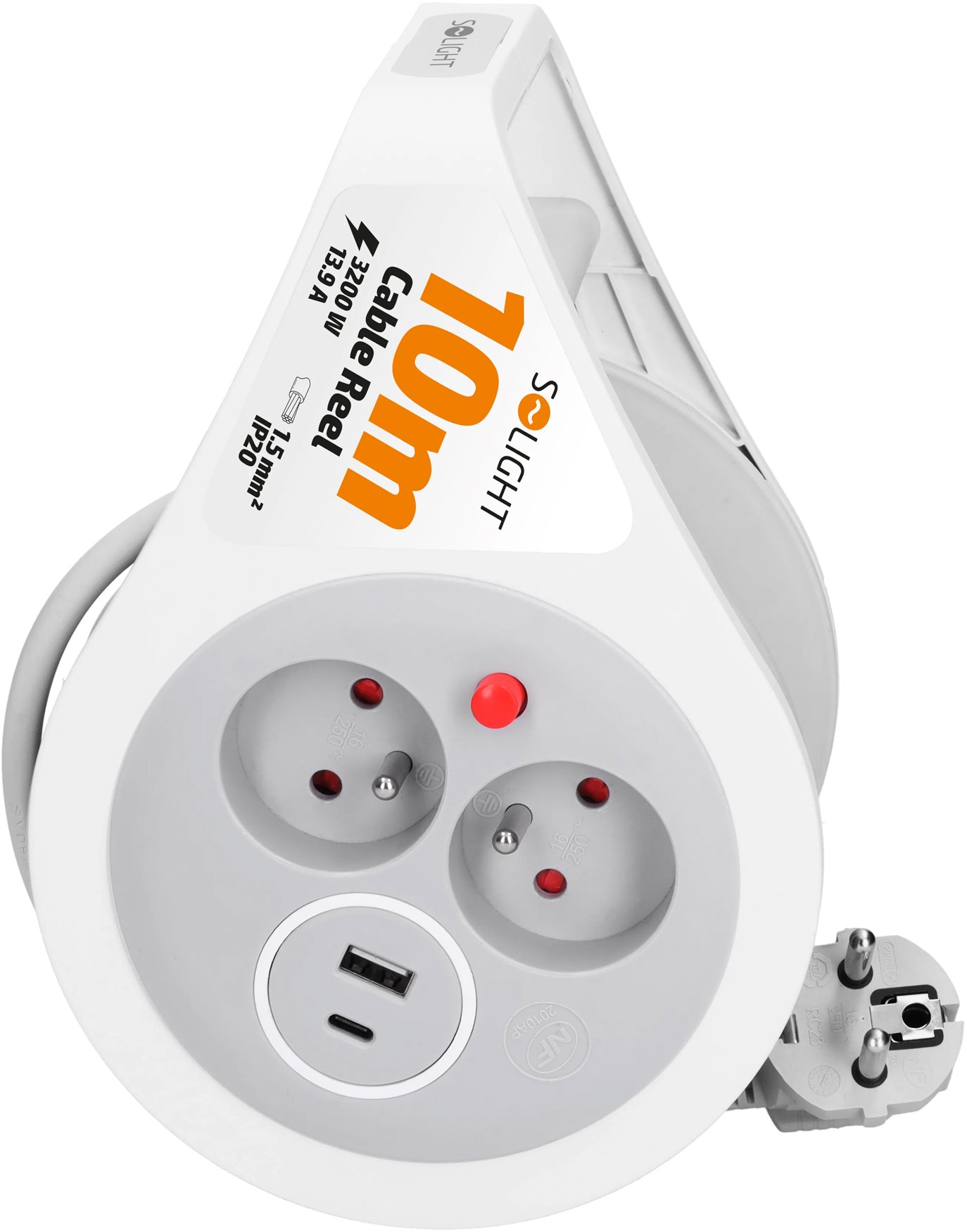 Solight predlžovací prívod na bubne 10 m, USB A+C, 2 zásuvky