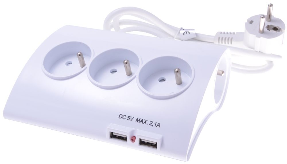 PremiumCord Predlžovací prívod 230 V 5 zásuviek + vypínač + 2× USB 2 A 1,5 m