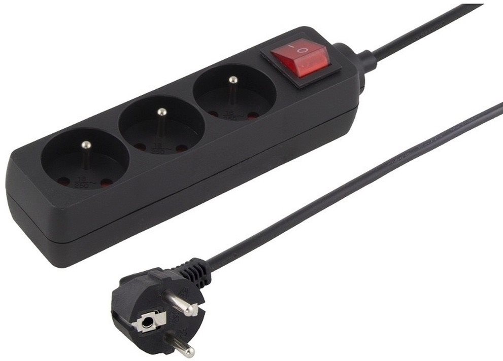 PremiumCord Predlžovací prívod 230 V, 2 m, 3 zásuvky + vypínač, čierny