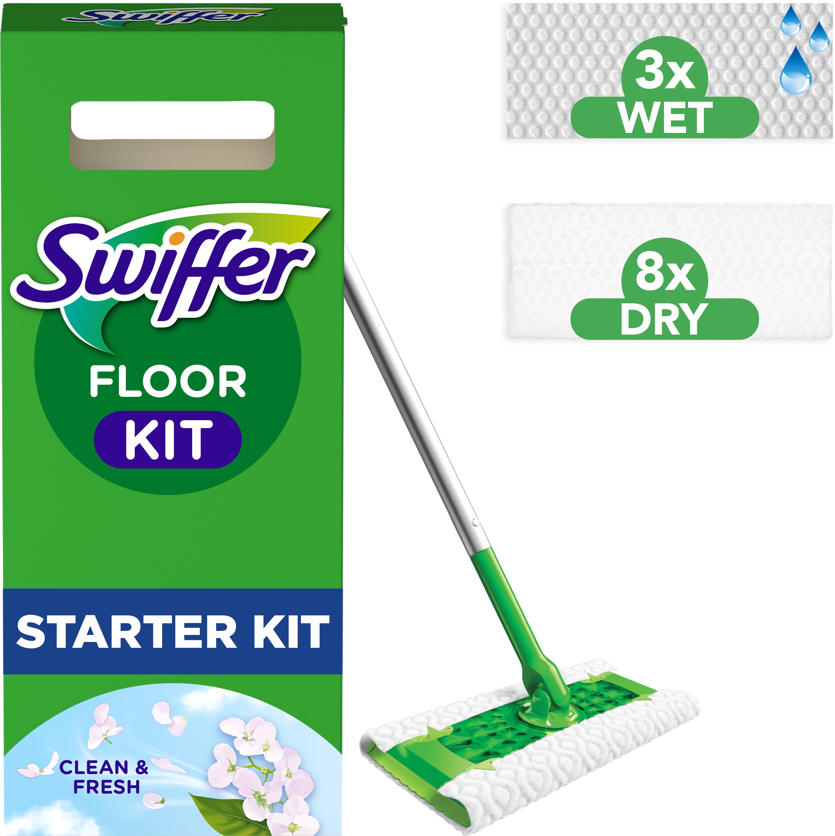 Swiffer Sweeper na podlahy Štartovacia súprava: 1 násada, 8 ks Dry a 3 ks vlhčené obrúsky