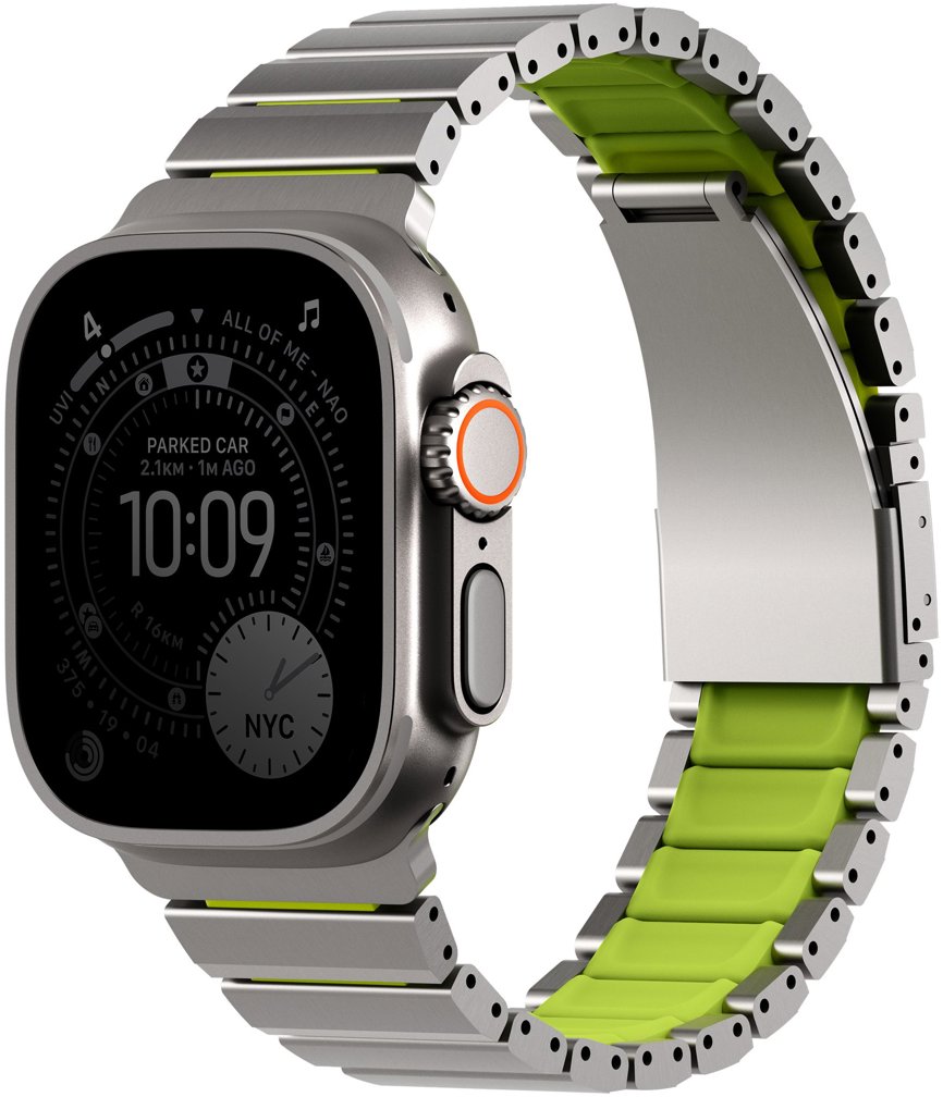 UNIQ Strova Flex pre Apple Watch 49/46/45/44 mm, Titanium silver/Lime green