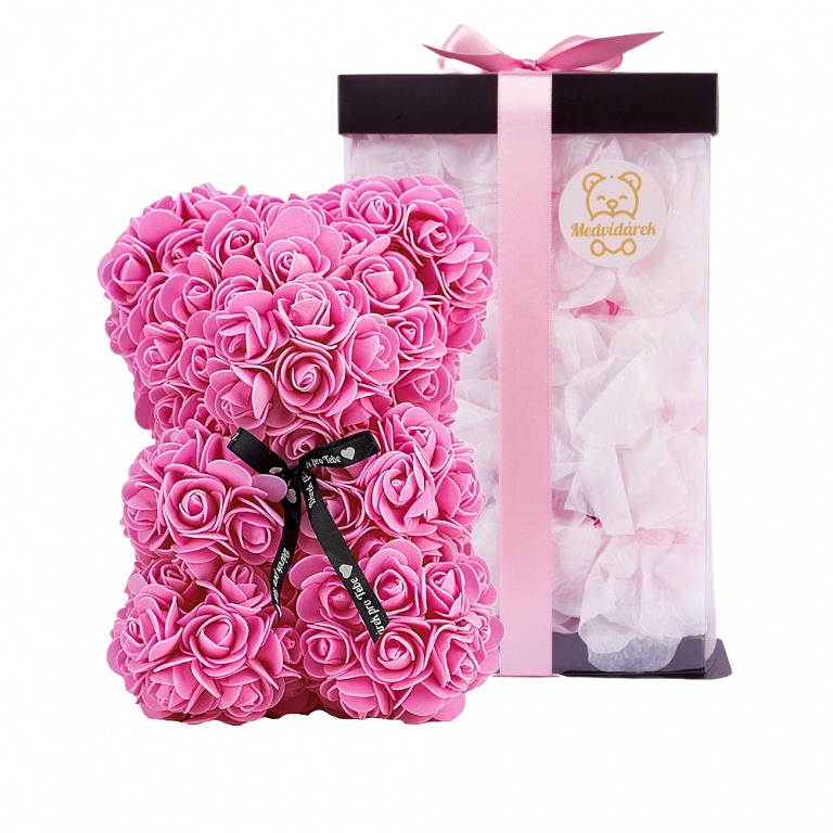 Medvídárek Romantic 25cm darčekovo balený – ružový zasypaný bielymi lístkami