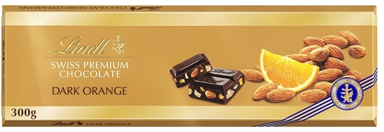 LINDT Gold Tablet Švajčiarska Horká Čokoláda S Mandľami A Pomarančmi 300 g