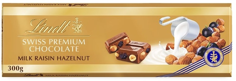 LINDT Gold Tablet Švajčiarska Mliečna Čokoláda S Hrozienkami A Orieškami 300 g