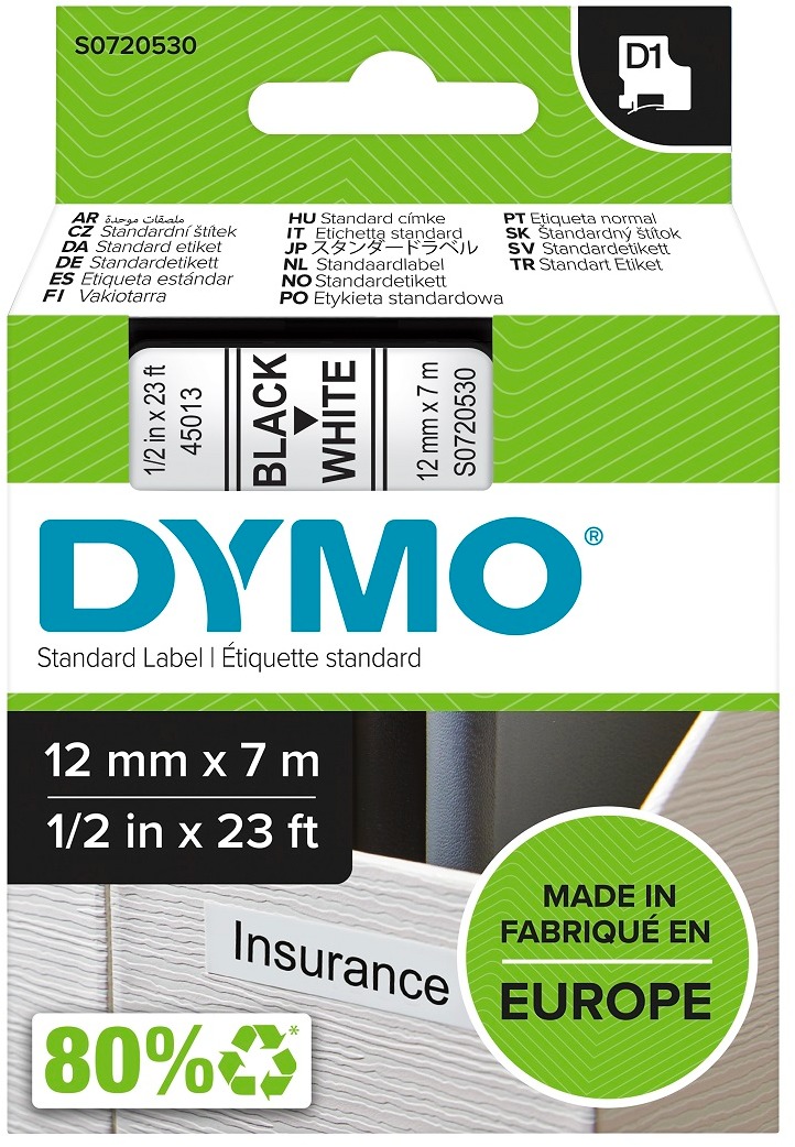 Páska do štítkovača Dymo D1, 45013, S0720530, biela/čierna, 12 mm