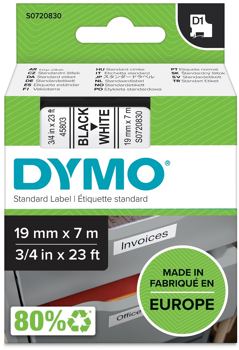 Dymo D1, 45803, S0720830, biela/čierna, 19mm