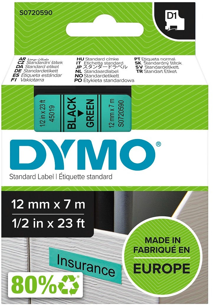 Dymo D1, 45019, S0720590, zelená/čierna , 12mm
