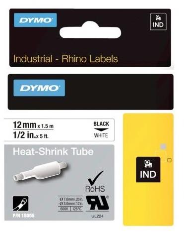 DYMO plochá smršťovacia bužírka Rhino D1 12 mm × 1,5 m, čierna na biele