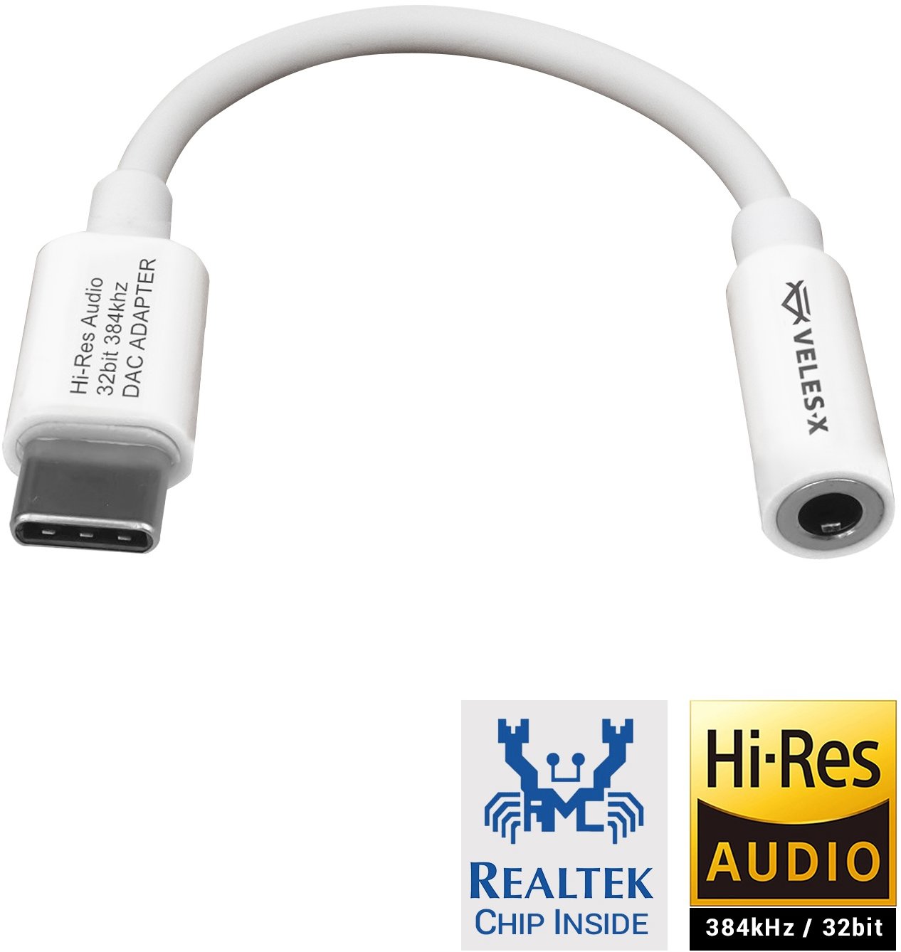 Veles-X Hi-Res DAC Audio adaptér – Realtek Chip (384 kHz/32-bit), USB-C na 3,5 mm Jack White