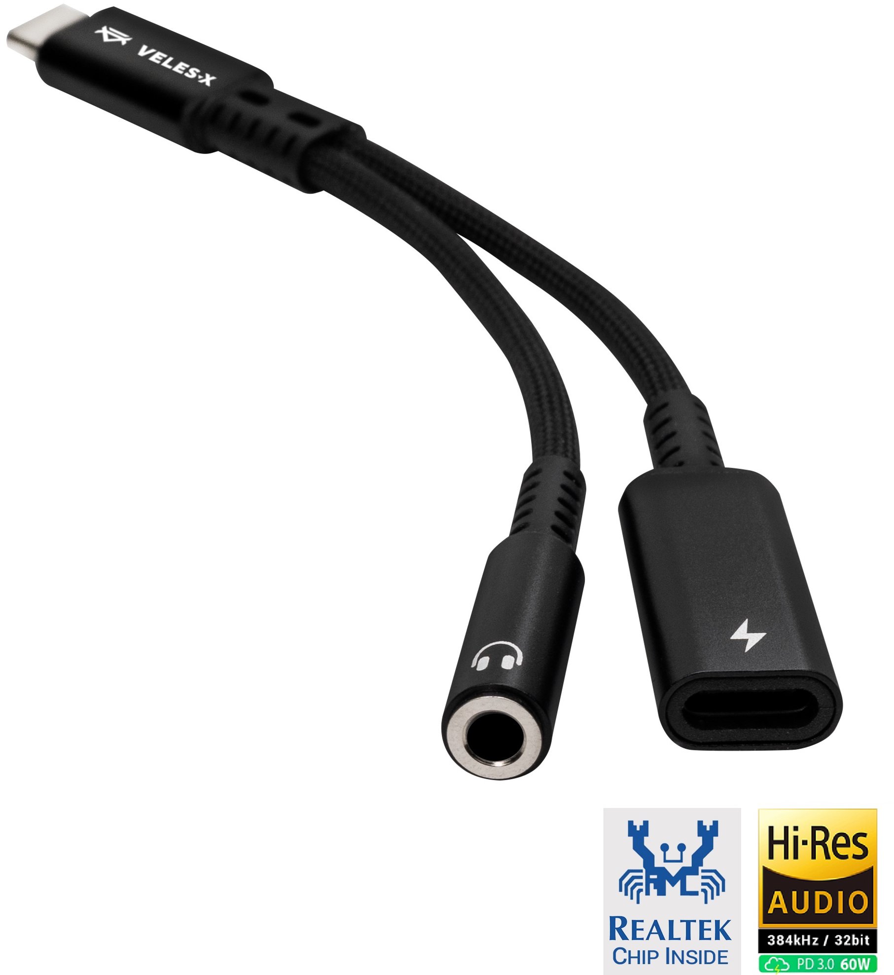 Veles-X Hi-Res DAC Audio Adapter – Realtek Chip (384 kHz/32-bit), USB-C to 3.5 mm Jack + PD Black