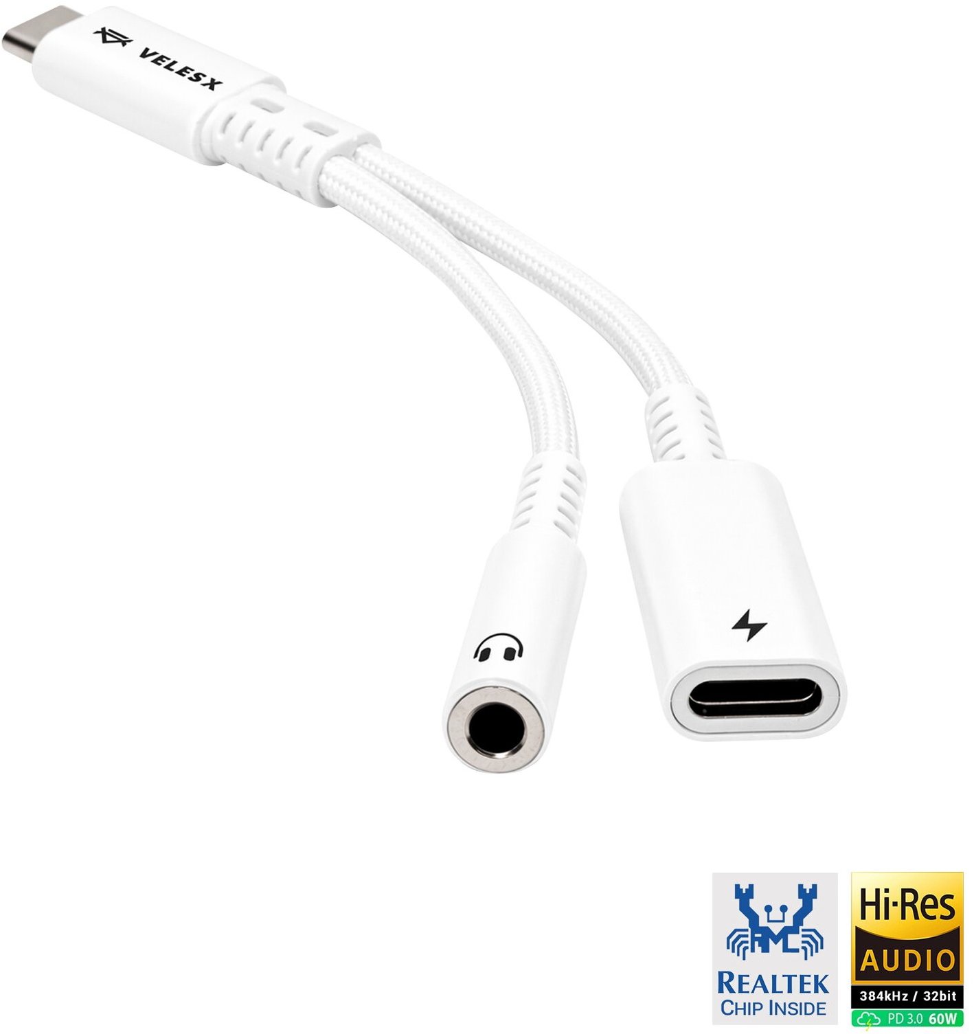 Veles-X Hi-Res DAC Audio Adapter – Realtek Chip (384 kHz/32-bit), USB-C to 3.5 mm Jack + PD White