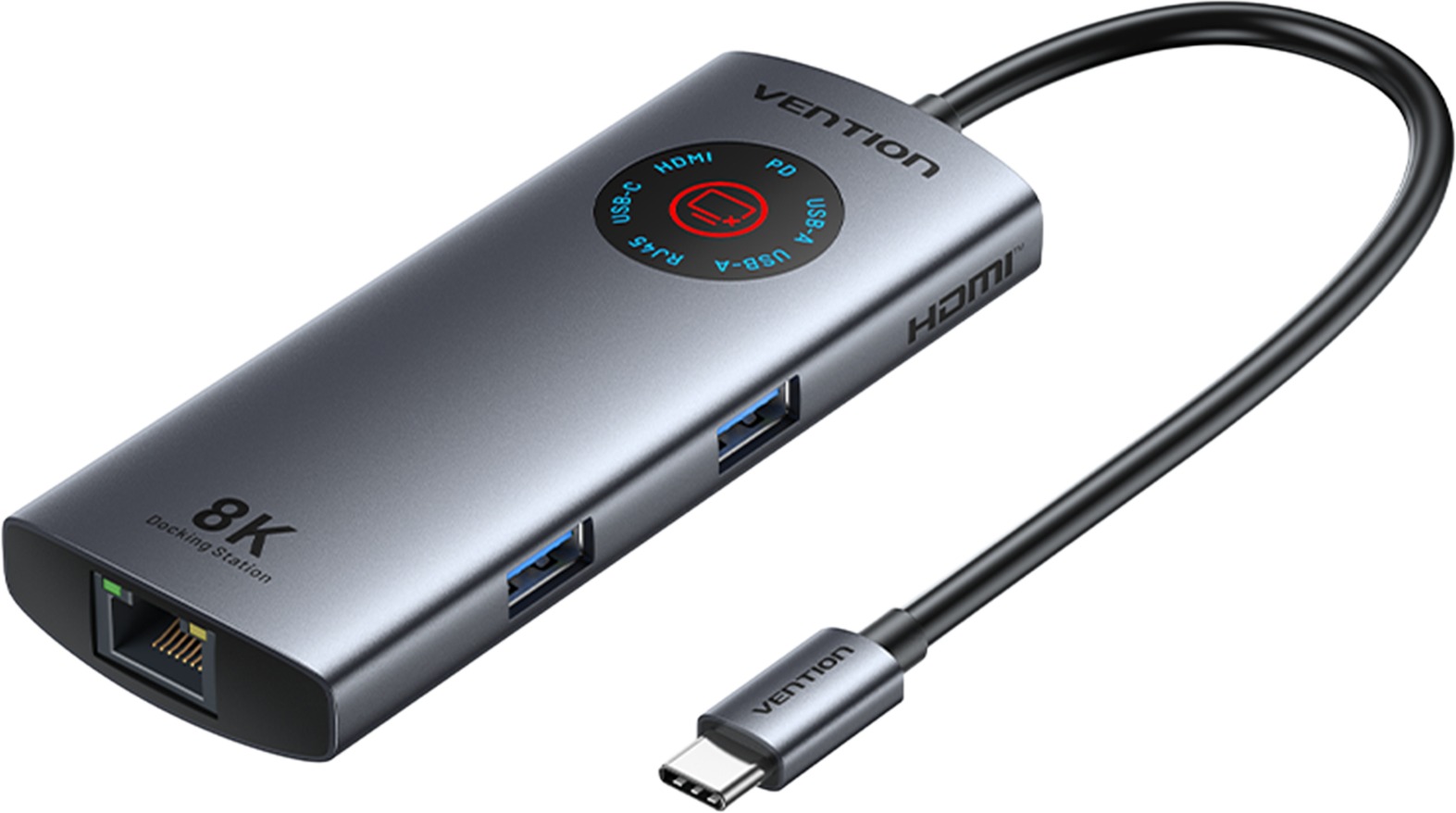 Vention USB-C na HDMI/USB 3.2 Gen 1 Type-C/USB 3.0*2/RJ45/PD 8K Docking Station with LED Display 0.1
