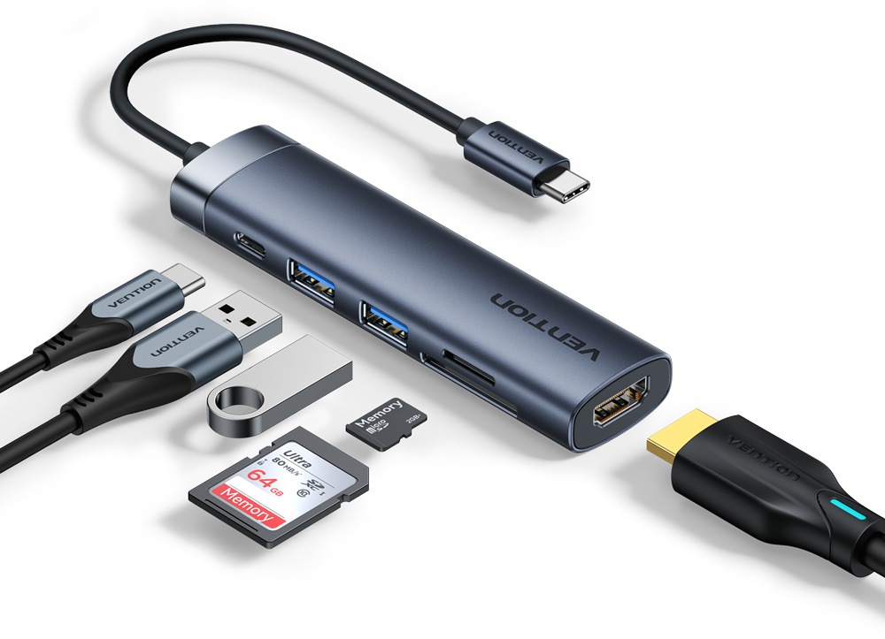Vention USB-C na HDMI/USB 3.0*2/SD/TF/PD Docking Station 0,15 m Gray Aluminum Alloy Type
