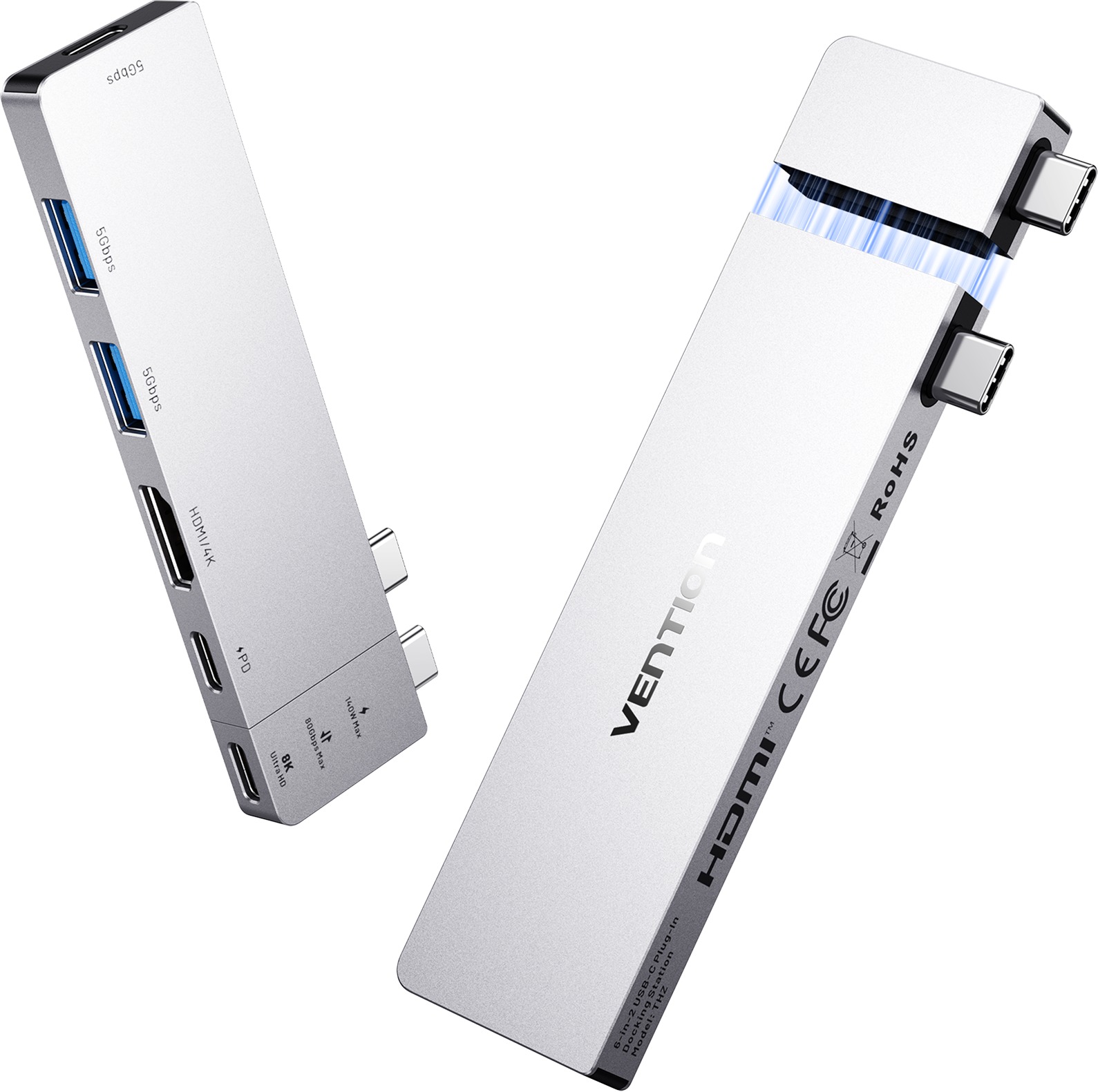 Vention USB-C*2 to HDMI/USB 3.2 Gen 1 Type-C/USB 3.0 *2/PD/Thunderbolt USB-C Plug-In Docking Station