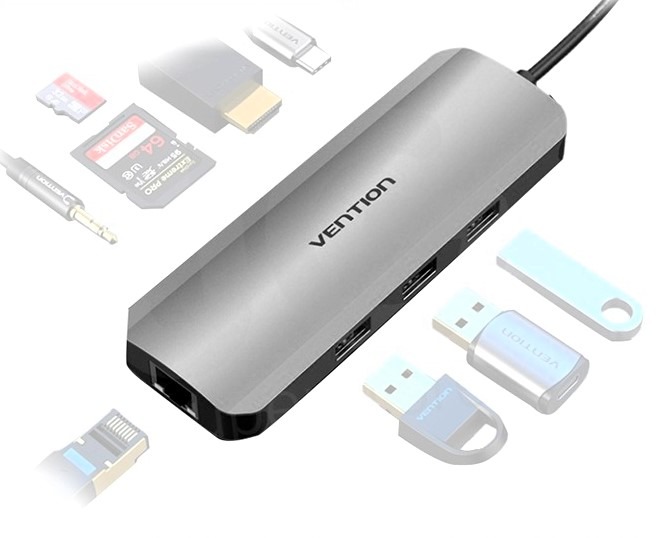 Vention Type-C (USB-C) to HDMI/3× USB3.0/RJ45/SD/TF/3,5 mm/PD 0,15 m Gray Aluminum Alloy T