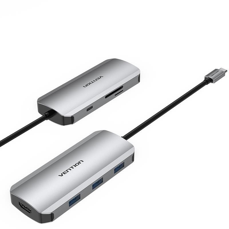 Vention USB-C to HDMI/3× USB 3.0/SD/TF/PD Docking Station Gray 0.15M Aluminum Alloy Type