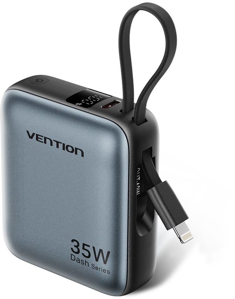 Vention 10000 mAh Mini Power Bank (USB-C + USB-C/Lightning) with built-in USB-C a Lightning Cables