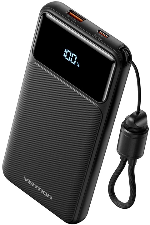 Vention 10 000 mAh Power Bank (USB-C + USB-A) so zabudovaným káblom 22,5 W Black LED Display Type