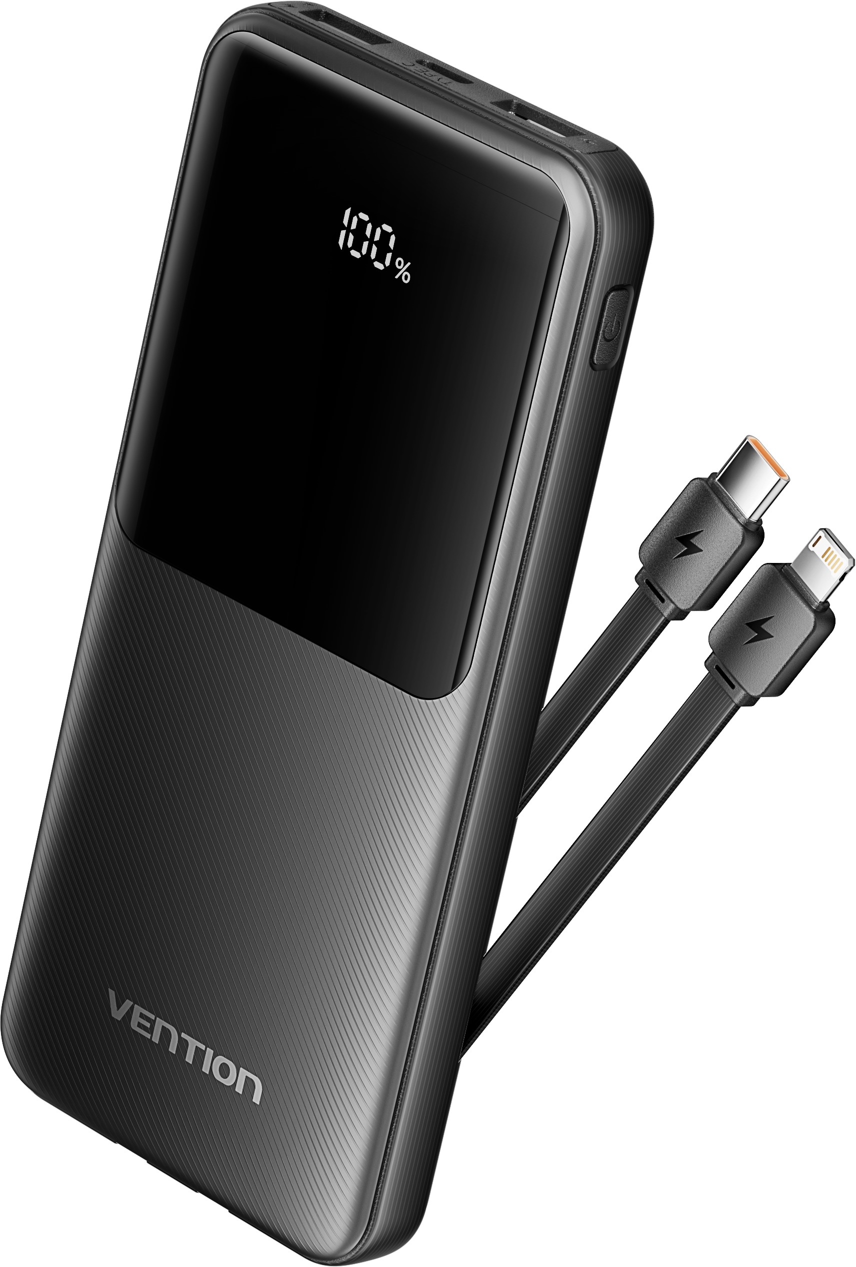 Vention 10 000 mAh Power Bank with Integrated USB-C and Lightning Cables 22.5 W Black LED Display Ty