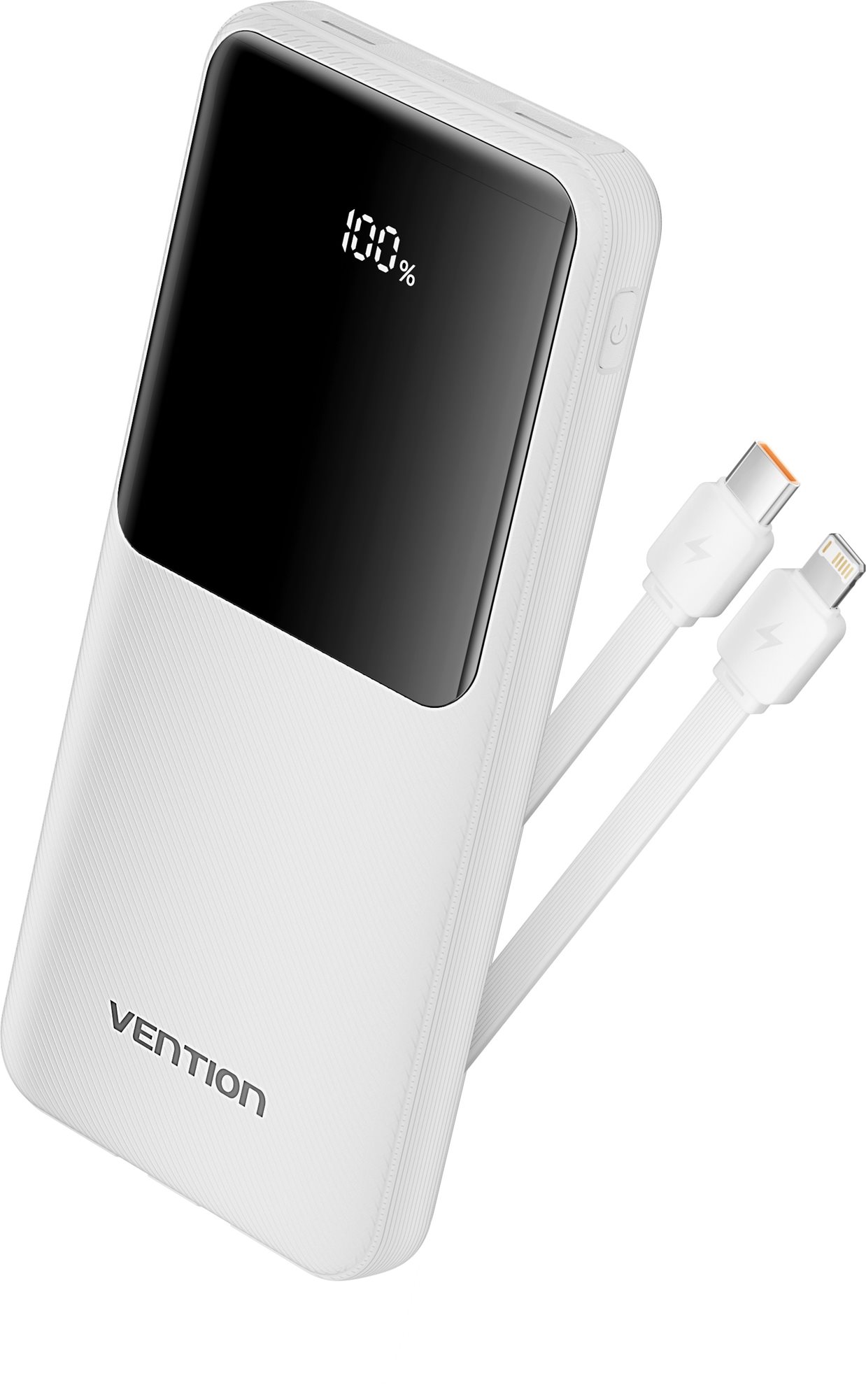 Vention 10 000 mAh Power Bank with Integrated USB-C and Lightning Cables 22.5 W White LED Display Ty