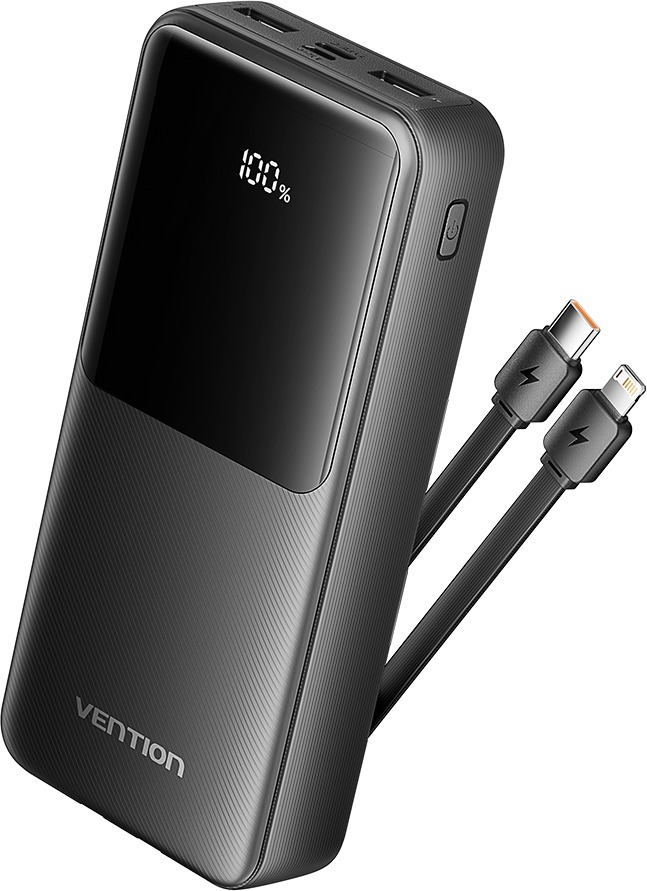 Vention 20 000mAh Power Bank with Integrated USB-C and Lightning Cables 22.5 W Black LED Display Typ