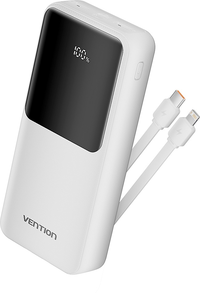 Vention 20 000 mAh Power Bank with Integrated USB-C and Lightning Cables 22.5 W White LED Display Ty