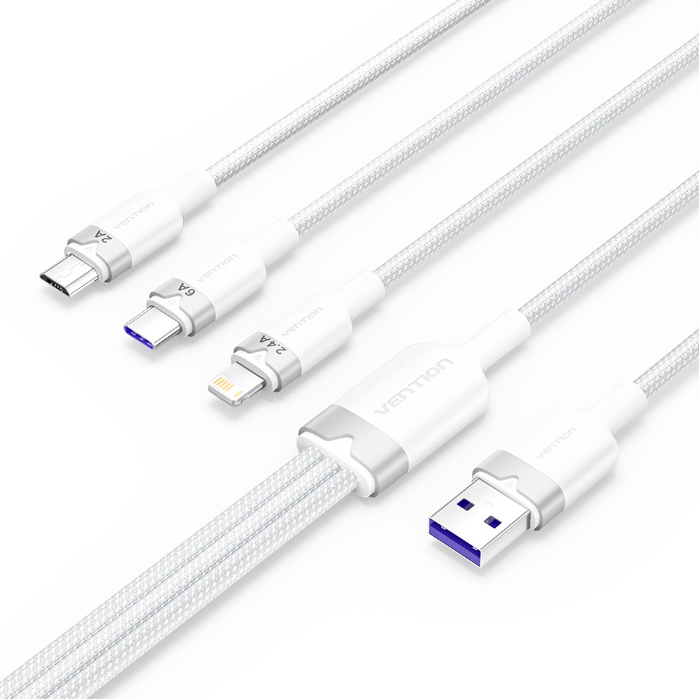 Vention USB 2.0 A Male to 3-in-1 USB-C & Lightning & Micro-B Male 6A Cable 1.5M White Aluminum Alloy