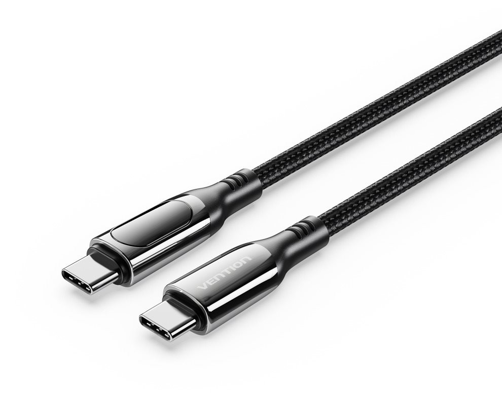 Vention Cotton Braided USB-C 2.0 5A Cable With LED Display 1.2 m Black Zinc Alloy Type