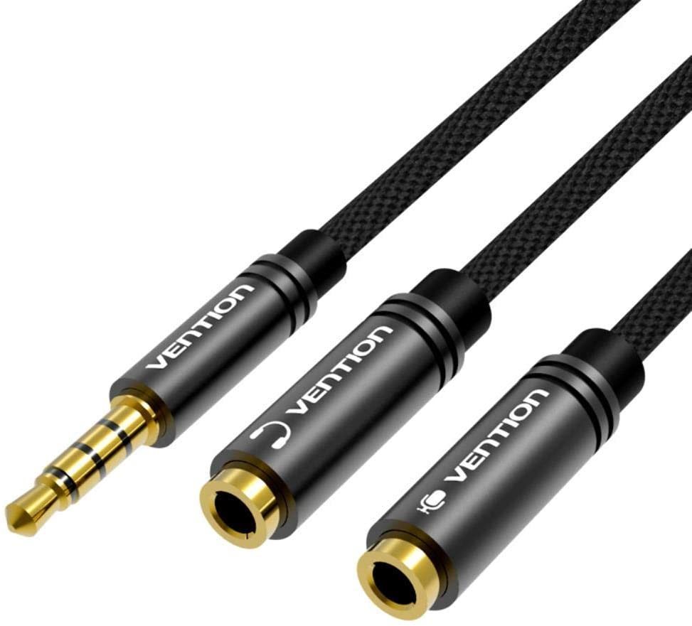 Vention Fabric Braided 3,5 mm Male to 2× 3,5 mm Female Stereo Splitter Cable 0,3 m Black Metal Type