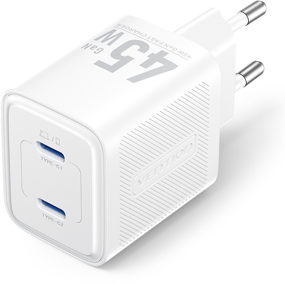 Vention 2-Port USB (C + C) GaN Charger (45 W/45 W) EU-Plug White