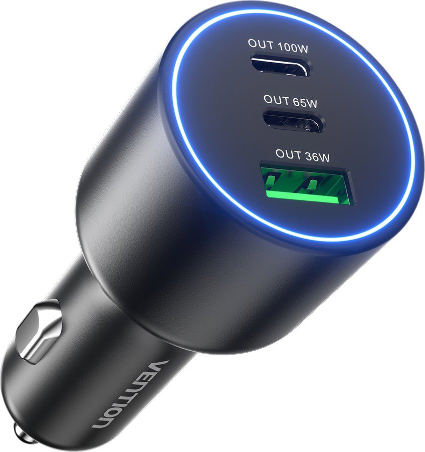 Vention Three-Port USB C+C+A (100 W+65 W+36 W) Car Charger Black ABS Type