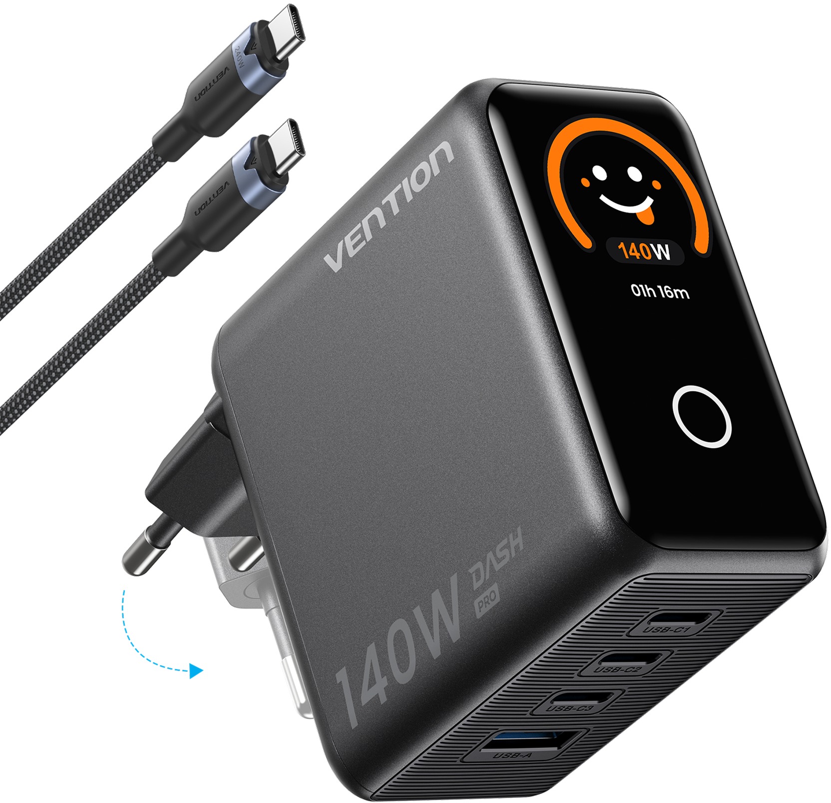 Vention 4-Port USB (C + C + C + A) GaN Charger (140 W / 140 W / 30 W / 22,5 W) s USB (C + C + C + A)