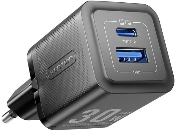 Vention 2-Port USB (C + A) GaN Charger (30 W/30 W) EU-Plug Black
