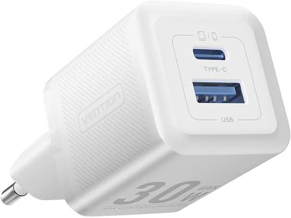 Vention 2-Port USB (C + A) GaN Charger (30 W/30 W) EU-Plug White