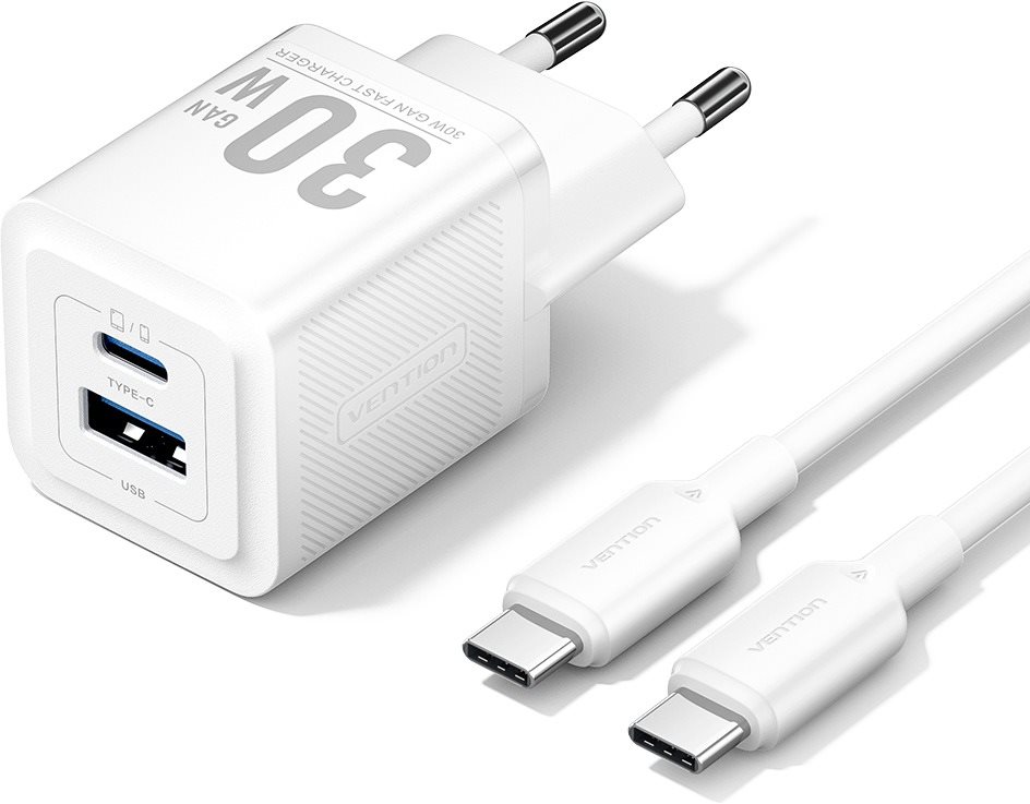 Vention 2-Port USB (C + A) GaN Charger (30 W/30 W) with USB-C to USB-C Cable (1M) EU-Plug White