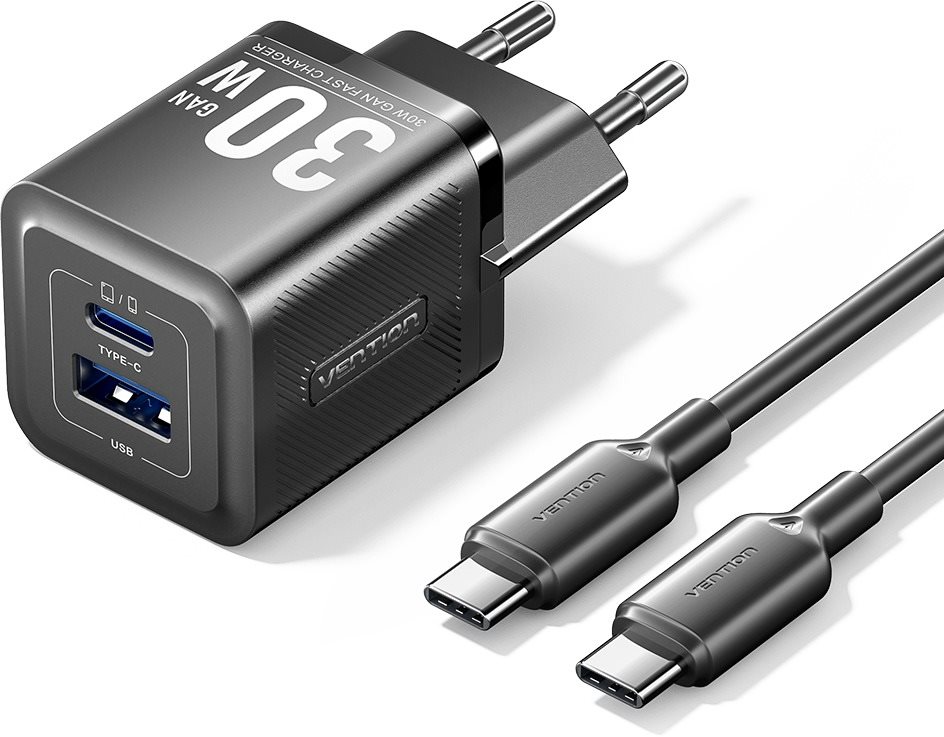 Vention 2-Port USB (C + A) GaN Charger (30 W/30 W) with USB-C to USB-C Cable (1M) EU-Plug Black
