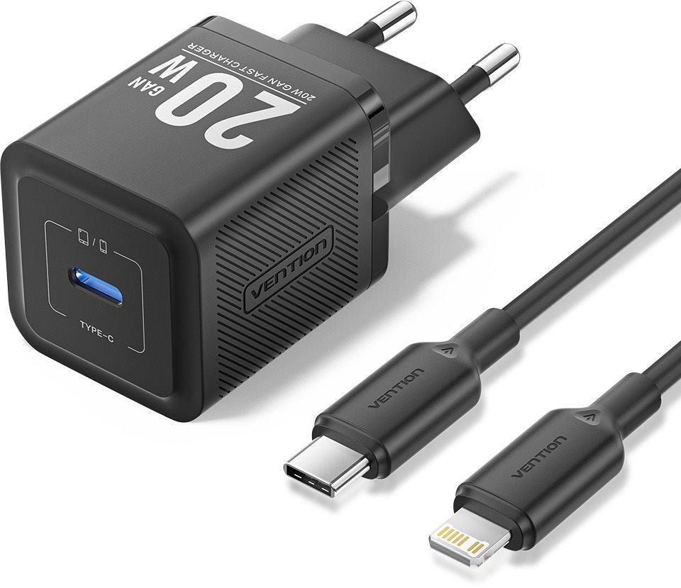 Vention 1-Port USB-C GaN Charger (20 W) with USB-C to Lightning Cable (1M) EU-Plug Black