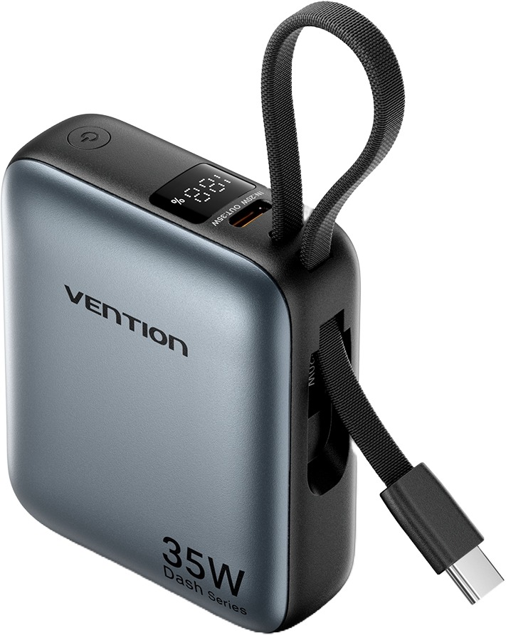 Vention 10000 mAh Mini Power Bank (USB-C + USB-C) with Built-in USB-C Cable 35 W Gray