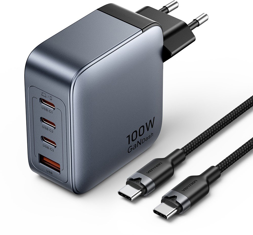 Vention 4-Port USB (C + C + C + A) GaN Charger (100 W/100 W/30 W/30 W) Gray with USB-C to USB-C Cabl