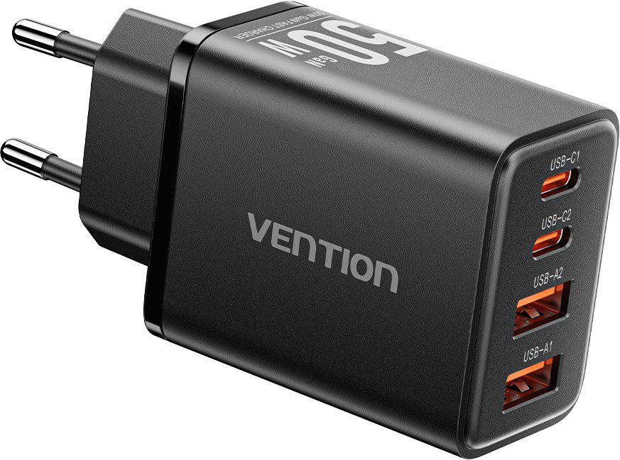 Vention 4-Port USB (C + C + A + A) GaN Charger (30 W/20 W/18 W/18 W) EU-Plug Black