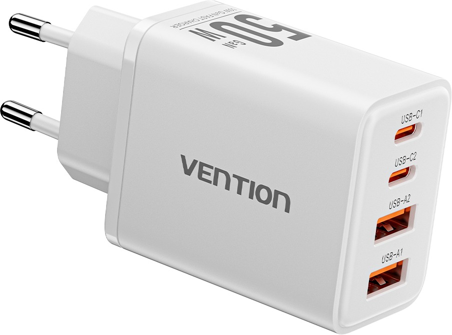 Vention 4-Port USB (C + C + A + A) GaN Charger (30 W/20 W/18 W/18 W) EU-Plug White