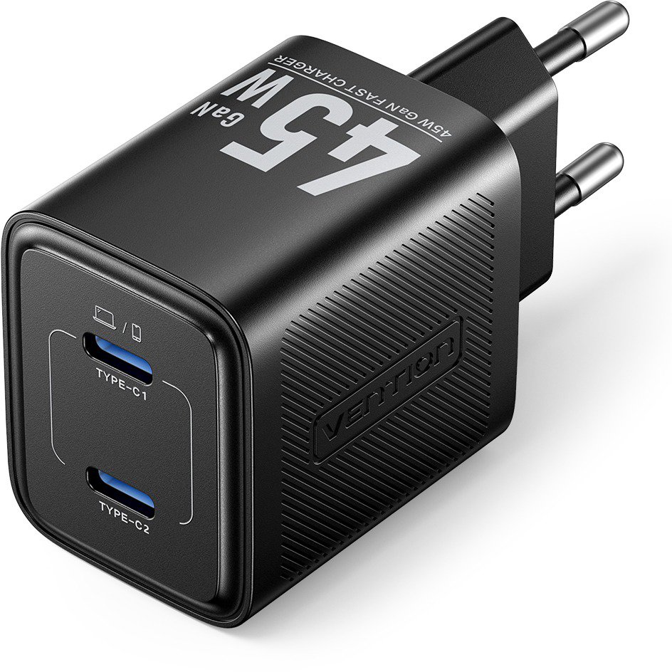 Vention 2-Port USB (C + C) GaN Charger (45 W/45 W) EU-Plug Black