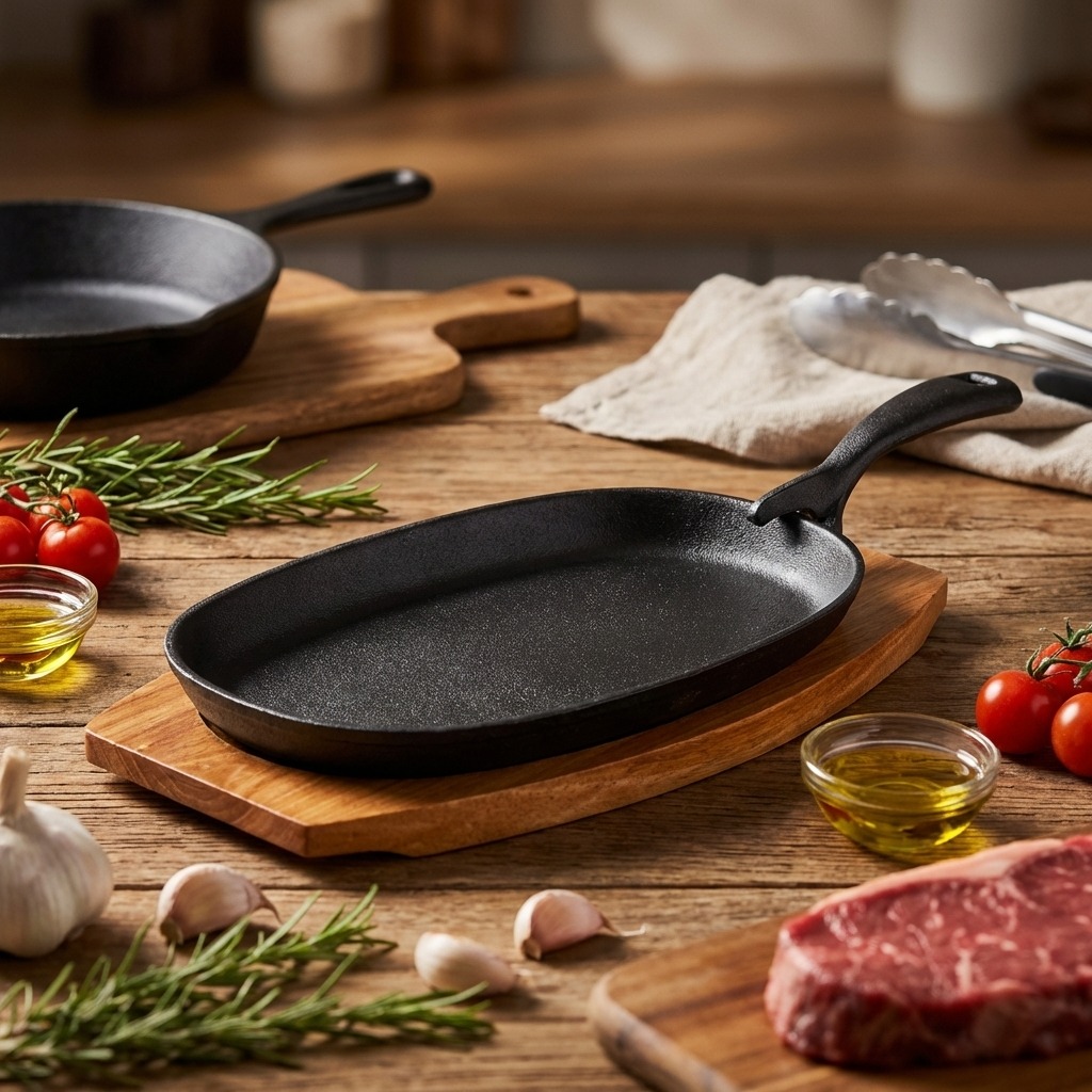 BANQUET Liatinová panvica na drevenej doštičke A06299