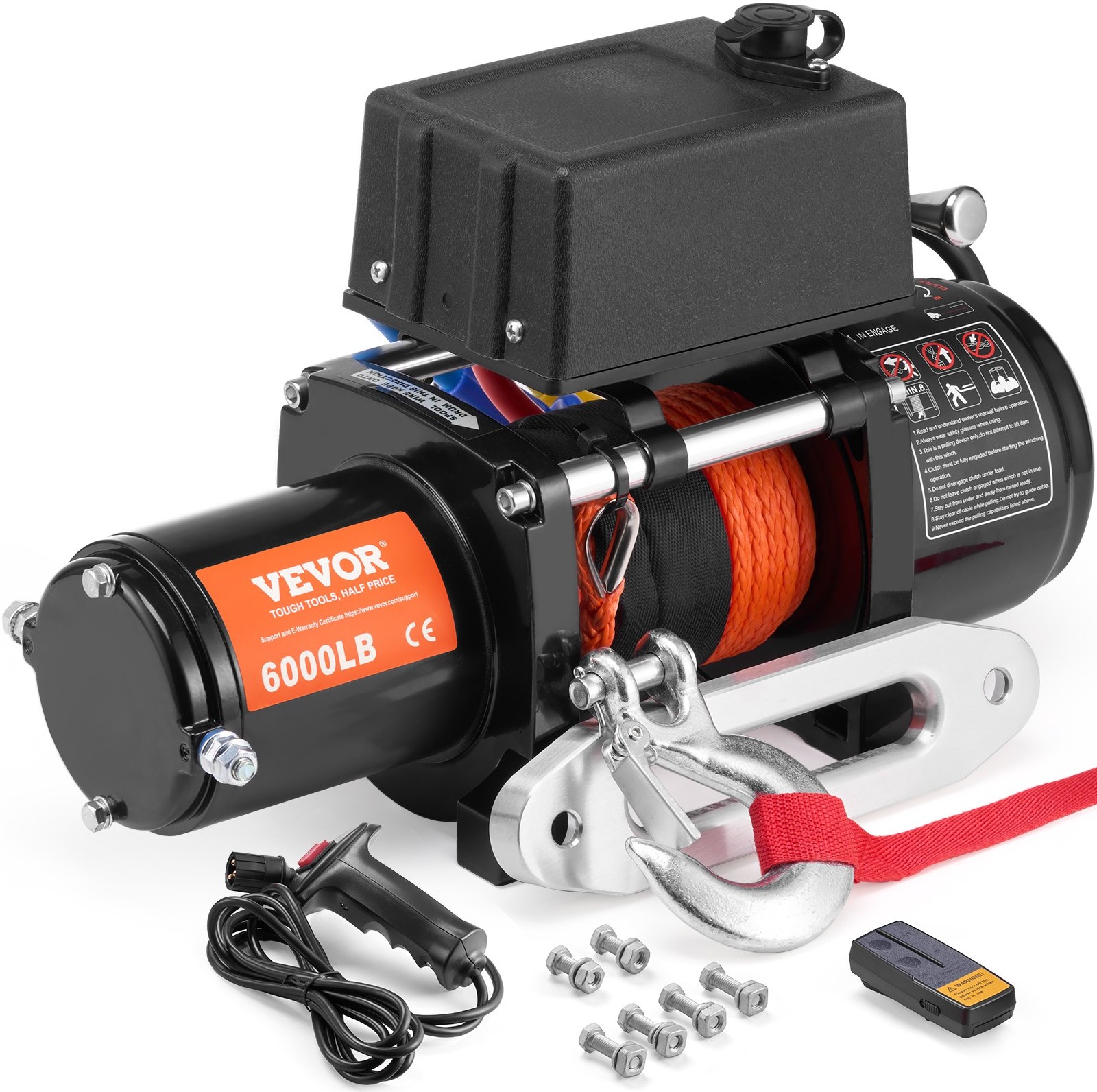 Vevor Elektrický navijak na auto s diaľkovým ovládaním so syntetickým lanom 16,5 m/2720 kg