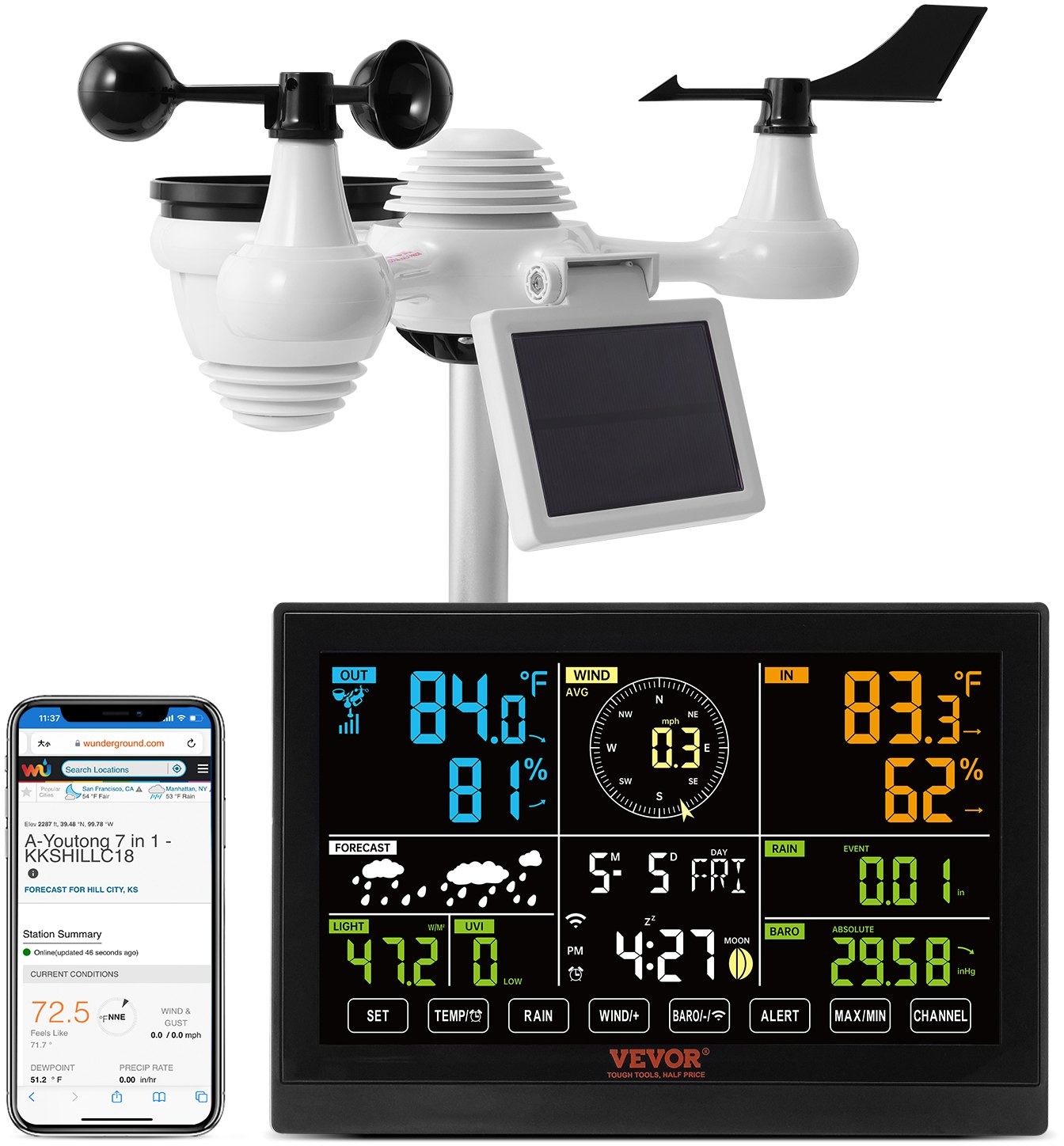 Vevor WiFi meteostanica 7 v 1 VA displej, senzor rýchlosti/smeru vetra a dažďa s UV