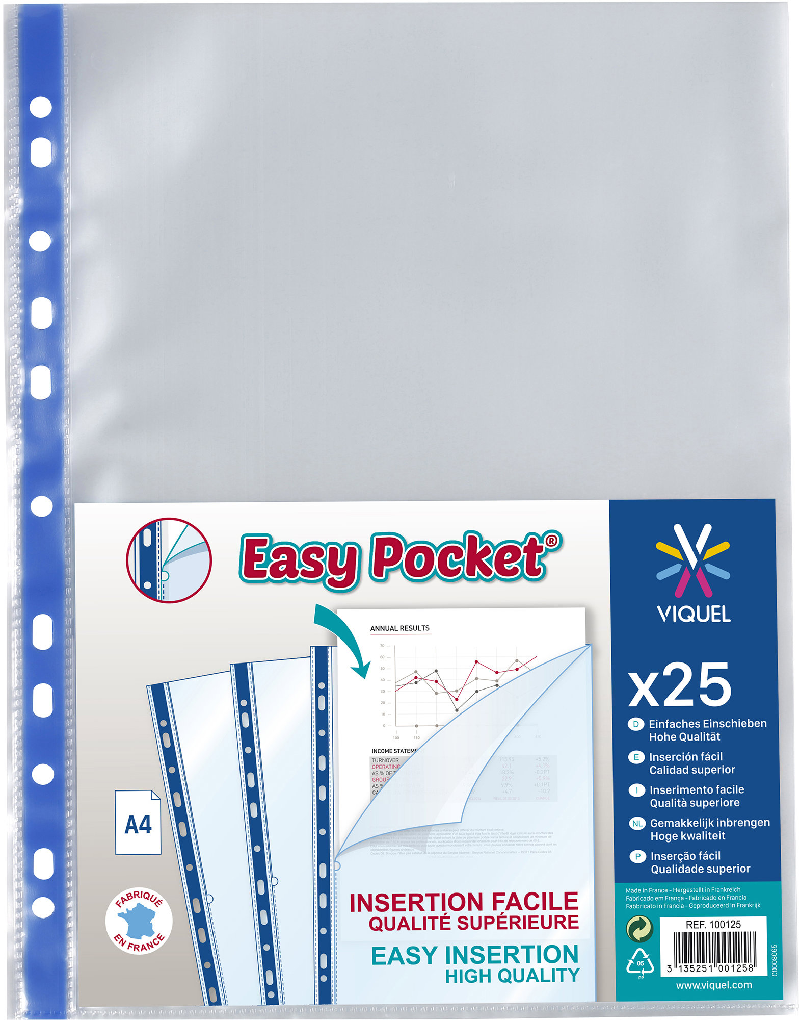 VIQUEL EasyPocket A4/65 mikrónov, lesklé, modrý prúžok – balenie 25 ks