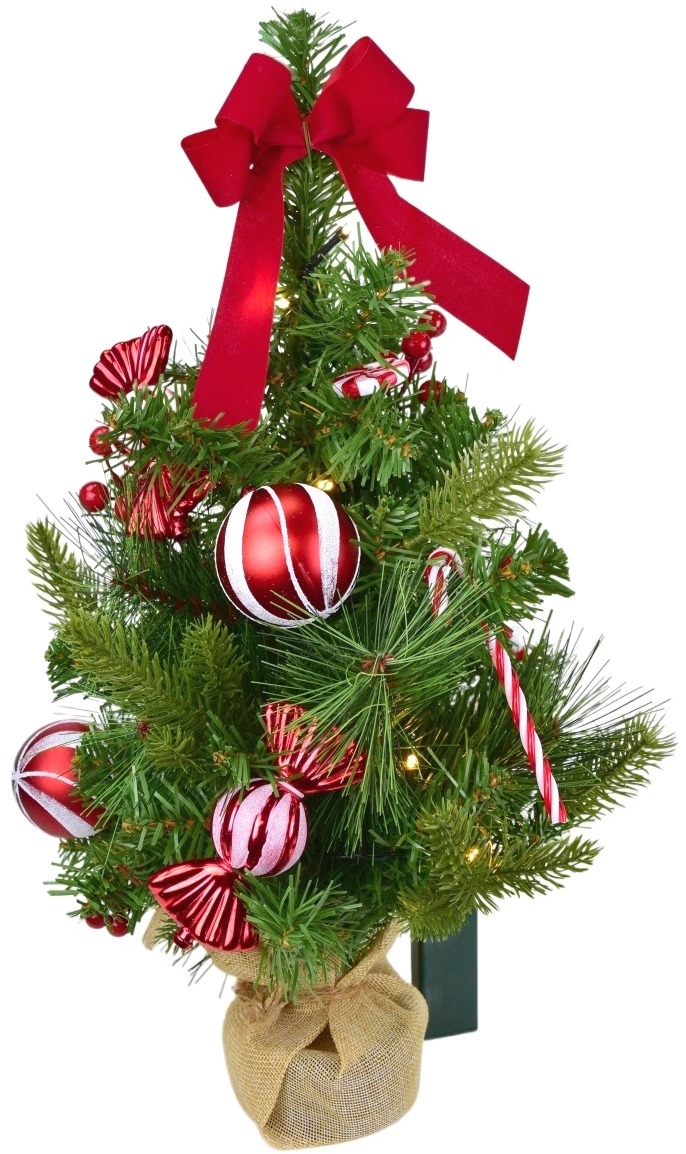 BerryHome Stromček s červenou mašľou a candy dekoráciami 15× LED, 50 cm