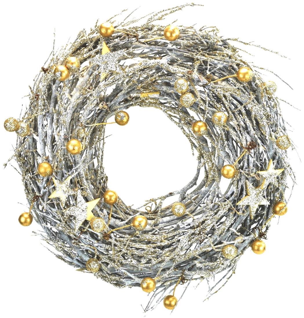 BerryHome Vianočný veniec – prútený so zlatými guľôčkami, 26 cm