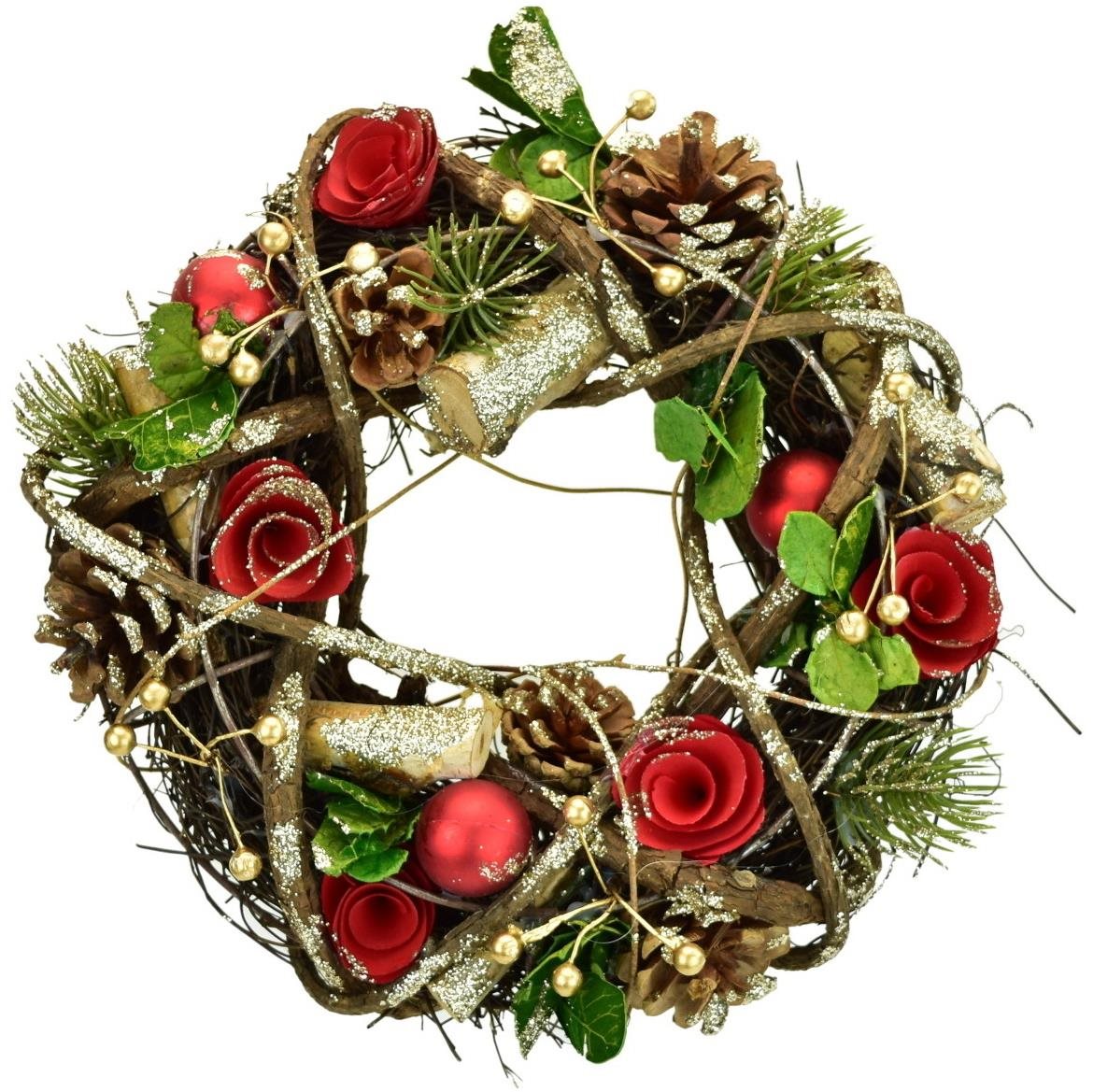 BerryHome Vianočný veniec – prútený s červenými kvietkami a šiškami, 25 cm
